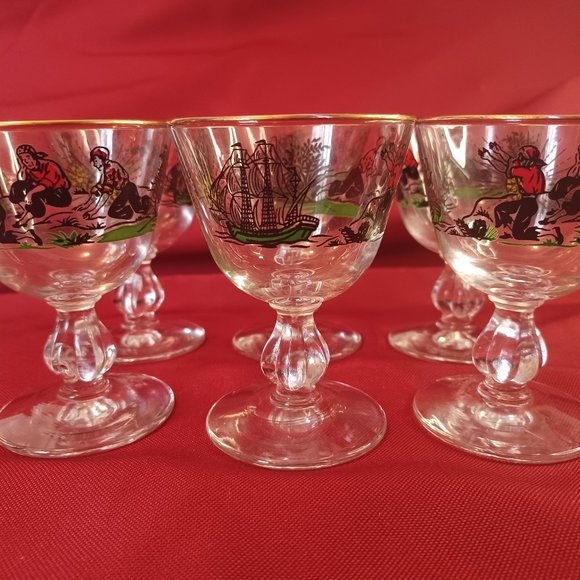 Midcentury Vintage Set of 6 Libbey Treasure Island Motif Pedestal Glasses - Picture 12 of 12
